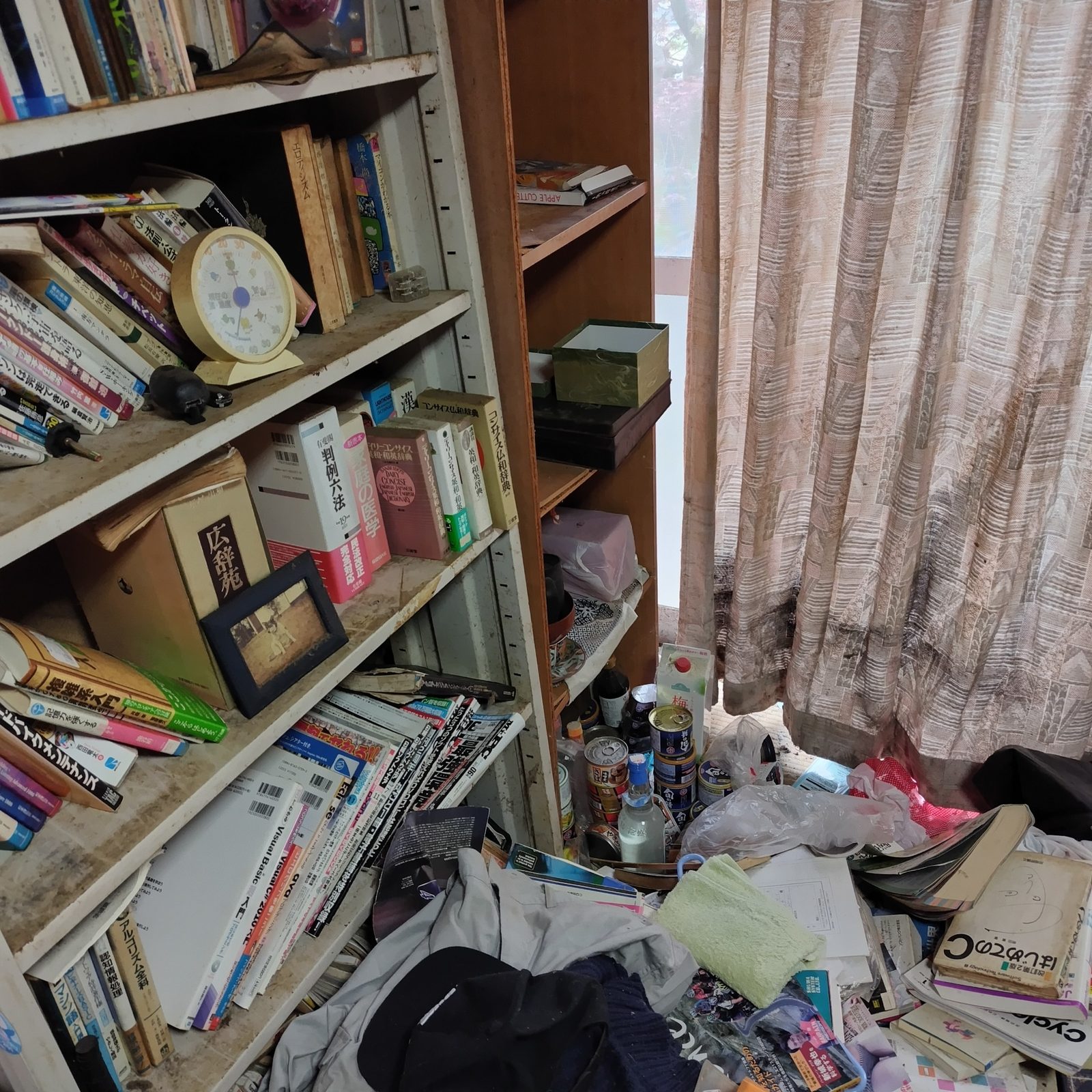 本や生活用品が残された片付け前の室内